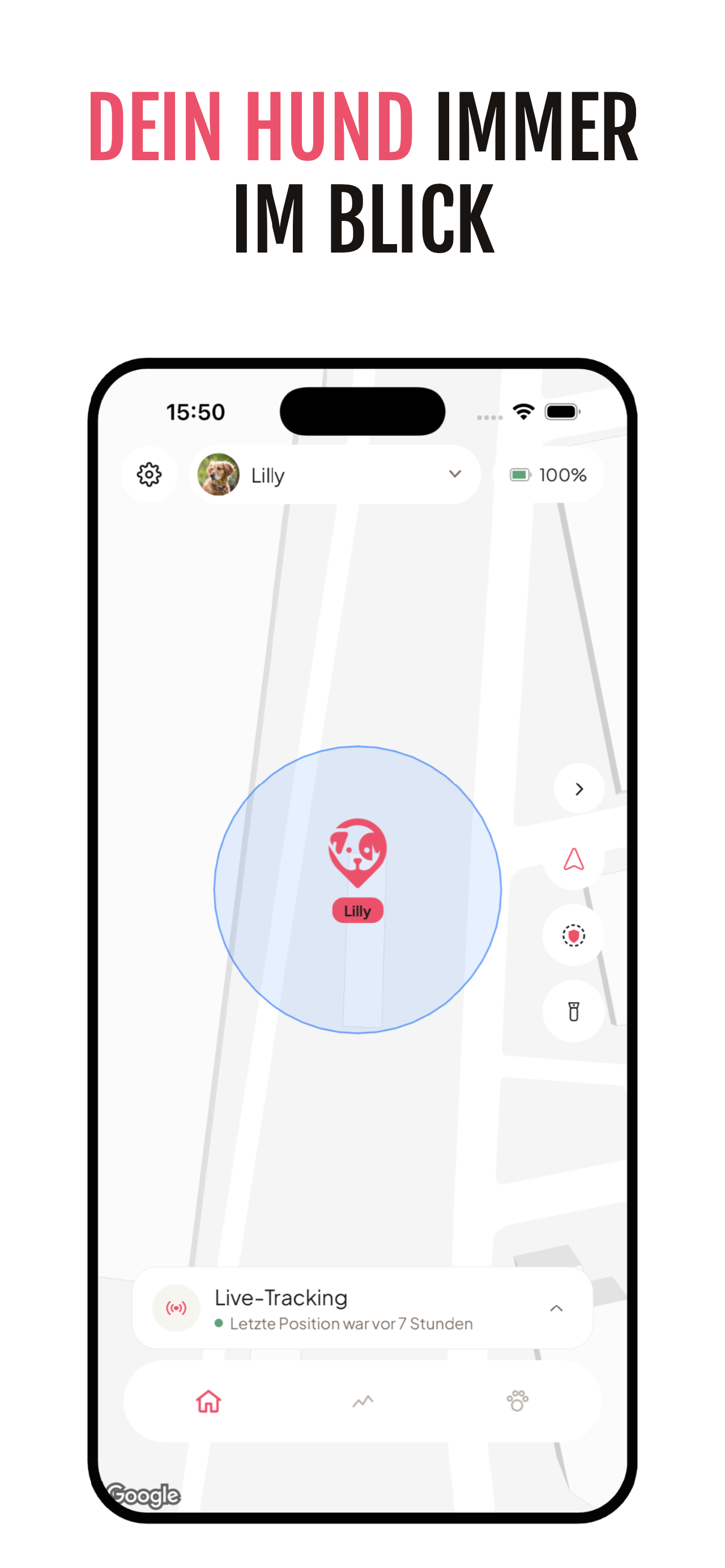 App-Screen „Dein Hund immer im Blick“ mit der aktuellen Position auf der Karte