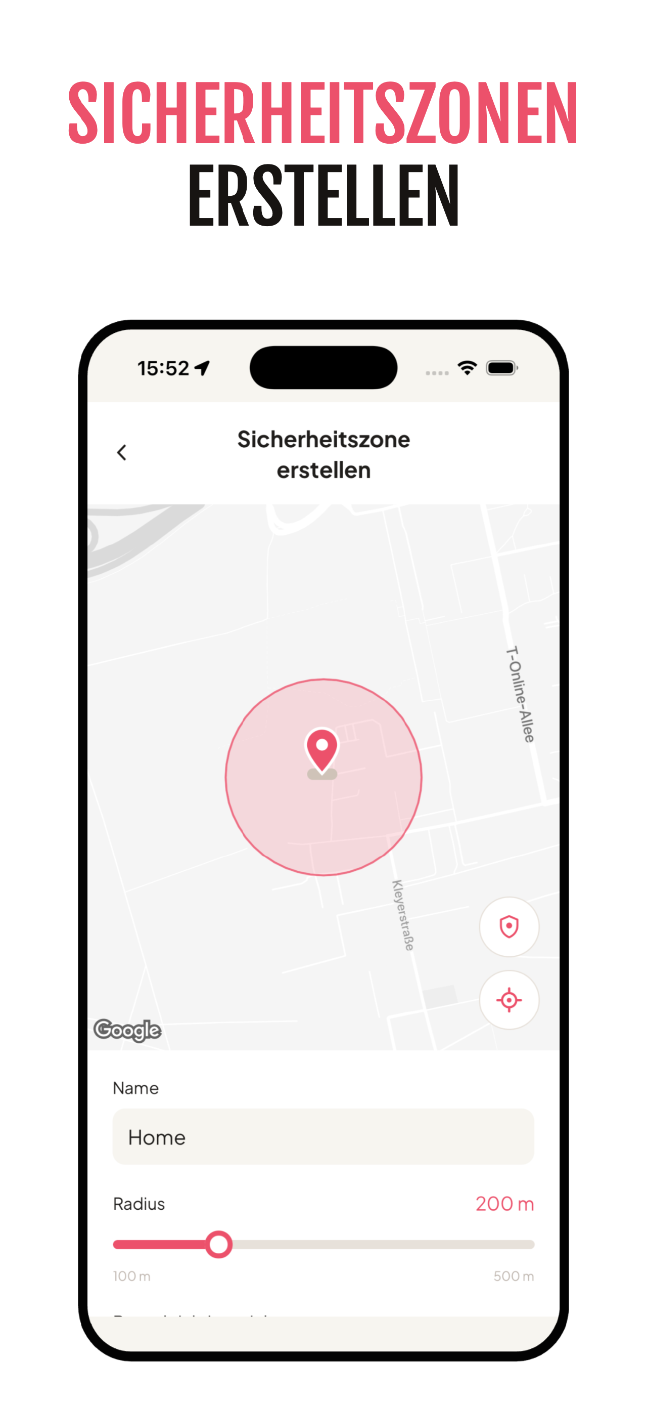 App-Screen „Sicherheitszonen erstellen“ zum Anlegen eines sicheren Bereichs mit Radius-Regler