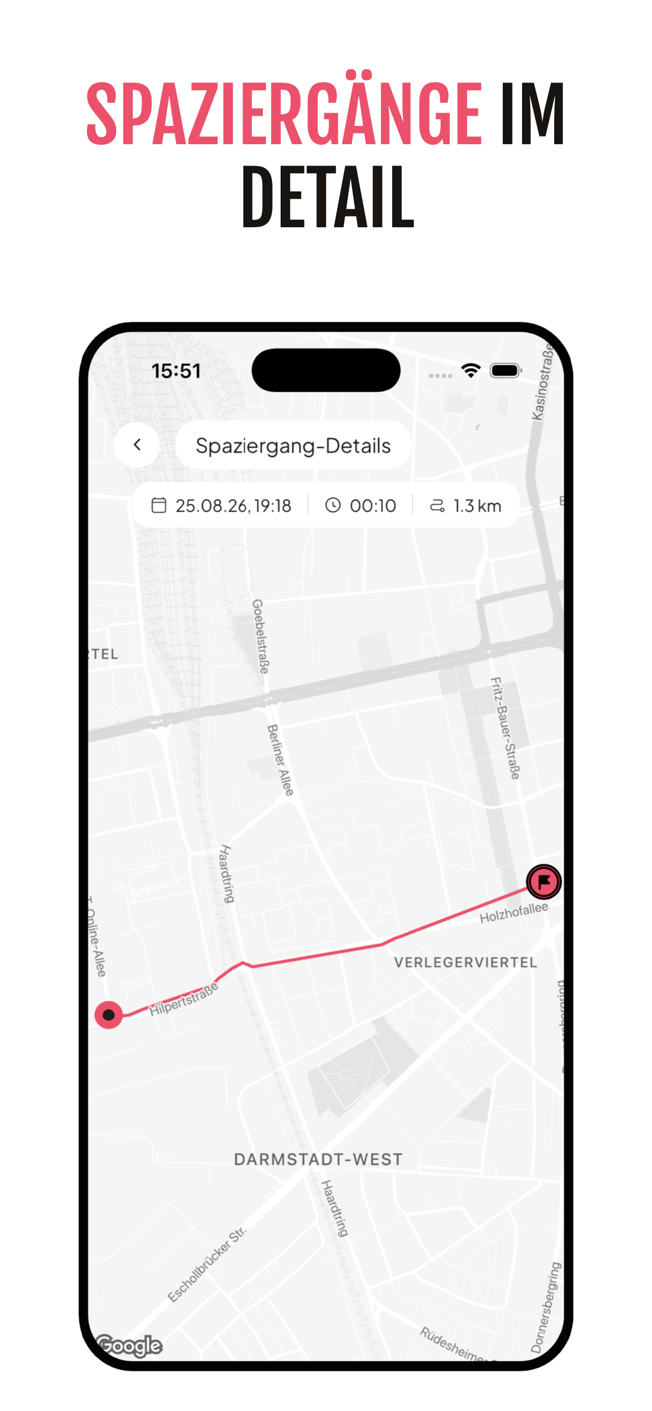 App-Screen „Spaziergänge im Detail“ mit der Route eines Spaziergangs