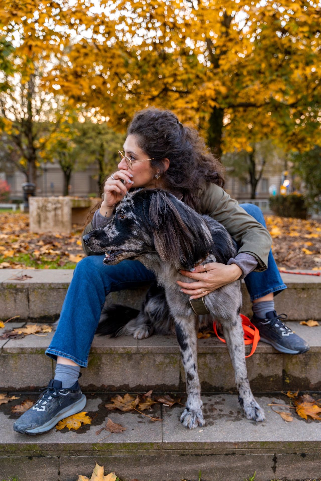 Mensch sitzt auf einer Treppe und hält den Hund im Arm